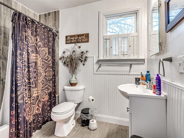 bathroom with vanity, toilet, and hardwood / wood-style floors