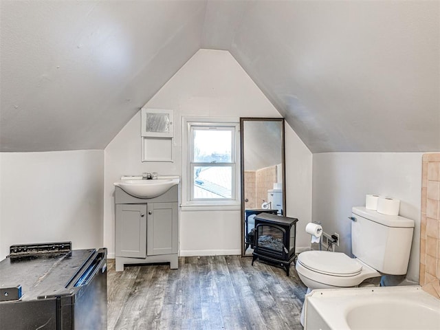 bathroom with vanity, hardwood / wood-style flooring, vaulted ceiling, and a wood stove