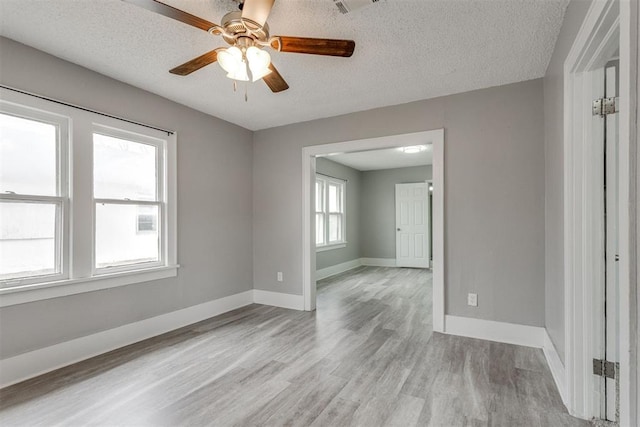 unfurnished room with ceiling fan, a textured ceiling, and light hardwood / wood-style flooring