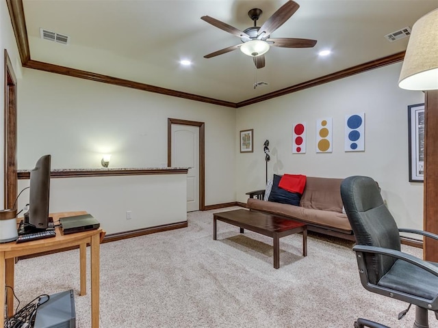 carpeted living room featuring ornamental molding and ceiling fan