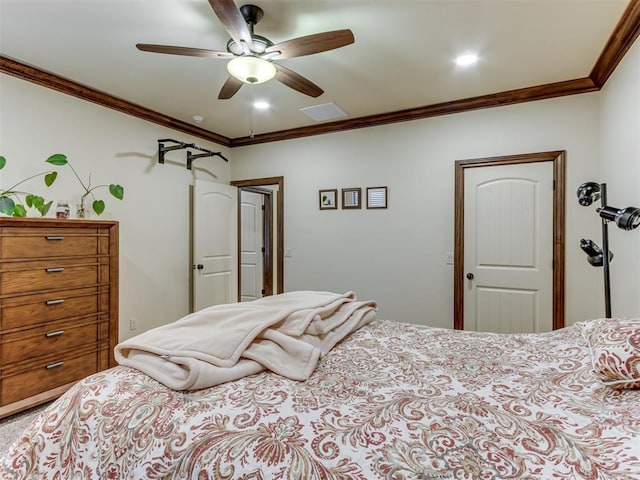 bedroom with crown molding and ceiling fan