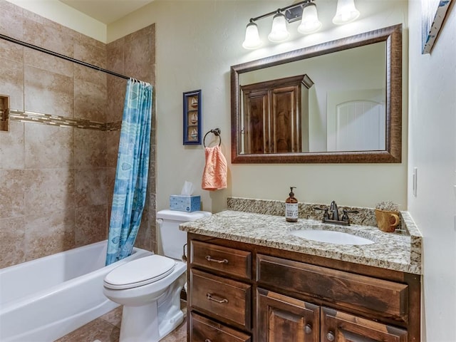 full bathroom with shower / bathtub combination with curtain, vanity, toilet, and tile patterned floors