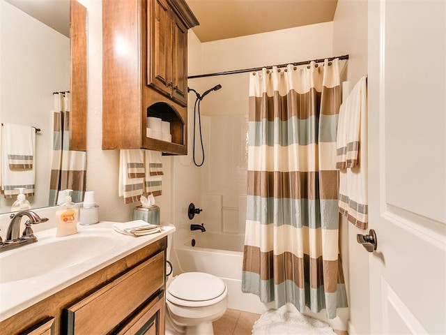 full bathroom featuring shower / bath combination with curtain, tile patterned floors, toilet, and vanity