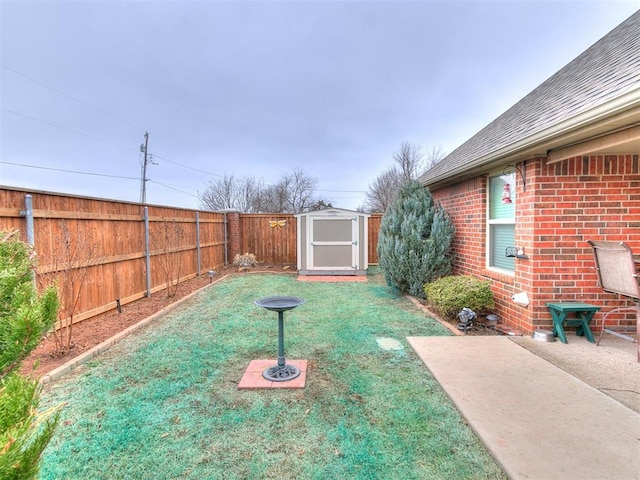 view of yard with a storage unit and a patio