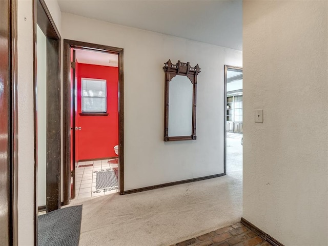 hall featuring carpet, a textured wall, and baseboards