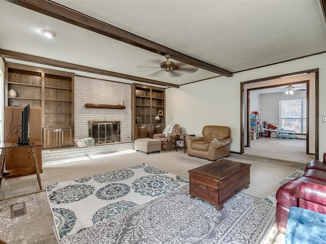 living room featuring a textured ceiling, a fireplace, carpet flooring, and beam ceiling