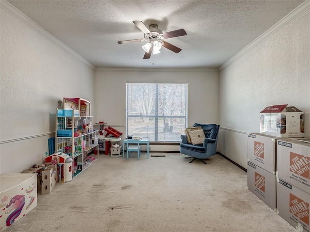 recreation room with a textured ceiling, a textured wall, carpet flooring, and crown molding