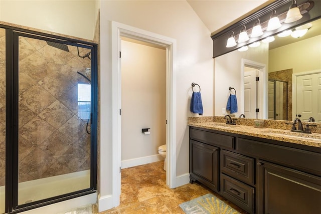 bathroom featuring vanity, a shower with door, toilet, and lofted ceiling