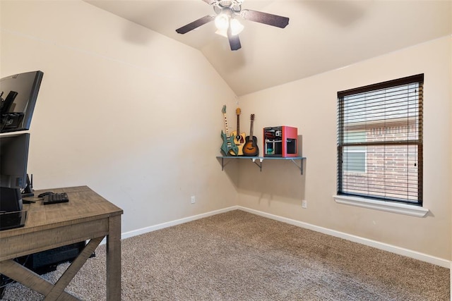 office with ceiling fan, carpet, and lofted ceiling