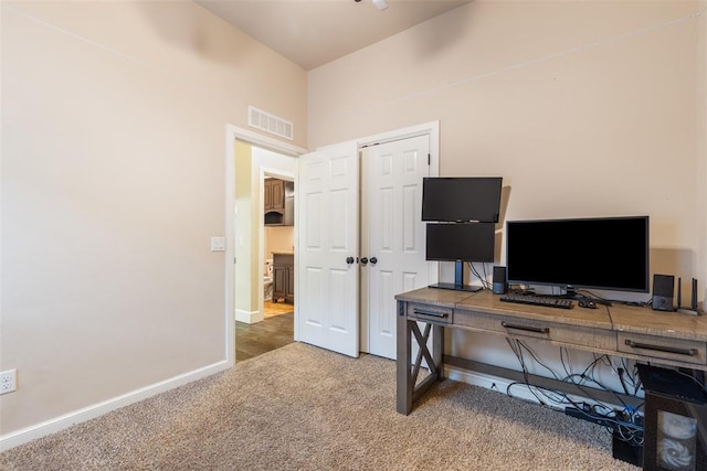 view of carpeted home office