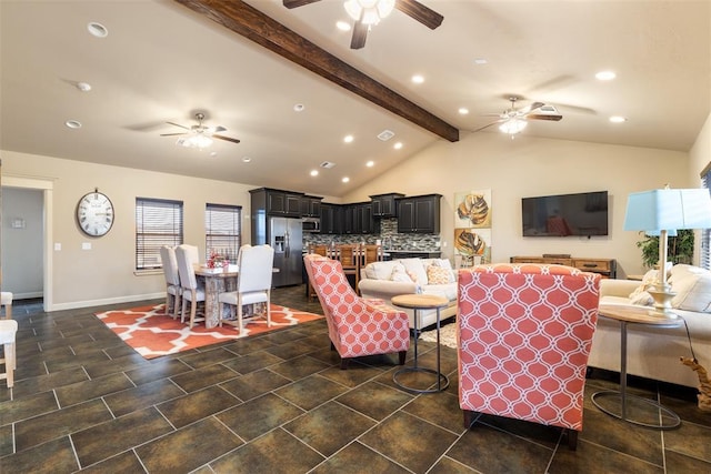 tiled living room featuring ceiling fan and vaulted ceiling with beams