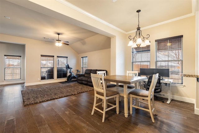 3524 Mount Mitchell Ln, Norman, OK 73069 - dining room with a ceiling fan, baseboards, dark wood finished floors, a chandelier, and ornamental molding