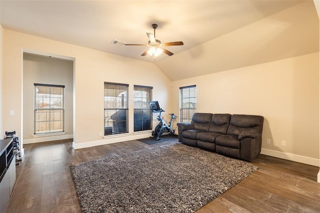 3524 Mount Mitchell Ln, Norman, OK 73069 - living room featuring a ceiling fan, dark wood-style flooring, vaulted ceiling, and baseboards