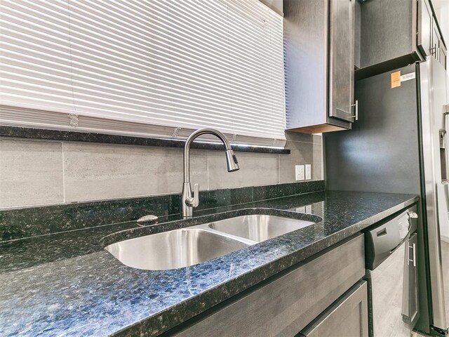 kitchen featuring appliances with stainless steel finishes, dark stone counters, a sink, and backsplash