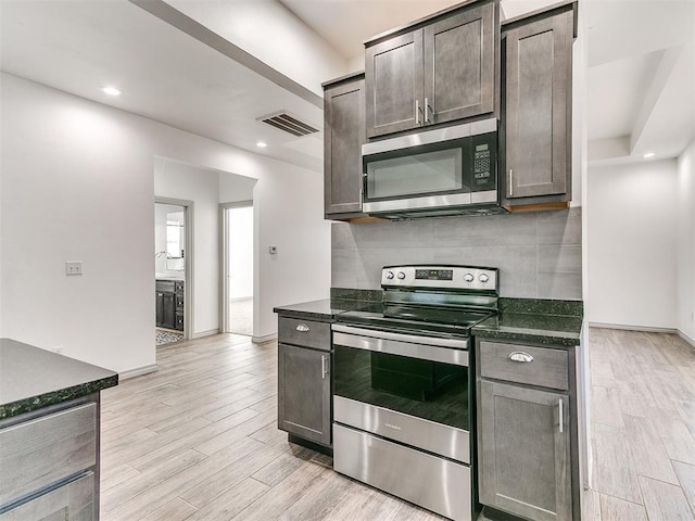 kitchen with stainless steel appliances, dark countertops, tasteful backsplash, visible vents, and light wood-style floors