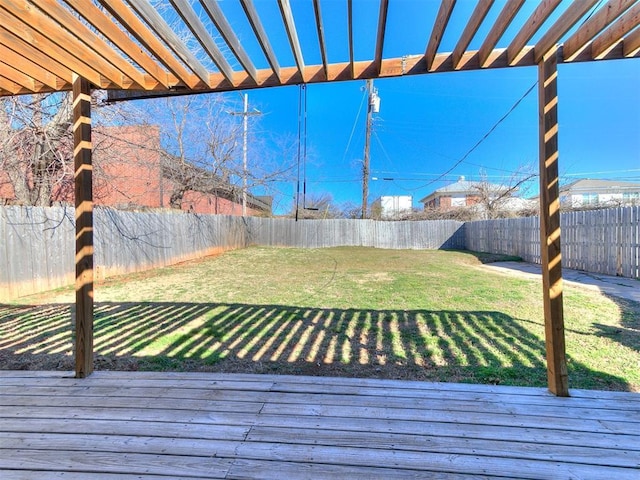 wooden deck with a fenced backyard and a yard