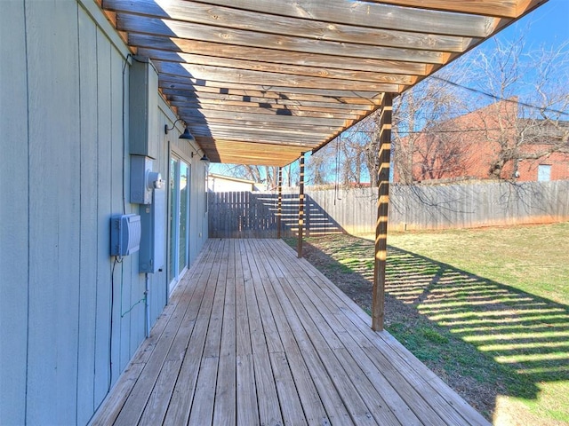 wooden terrace with a fenced backyard and a yard