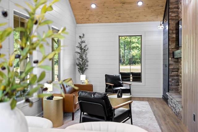 interior space with vaulted ceiling, wooden ceiling, and wood-type flooring