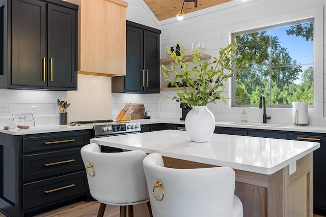 kitchen featuring sink, stainless steel range with electric cooktop, a breakfast bar area, a center island, and black dishwasher