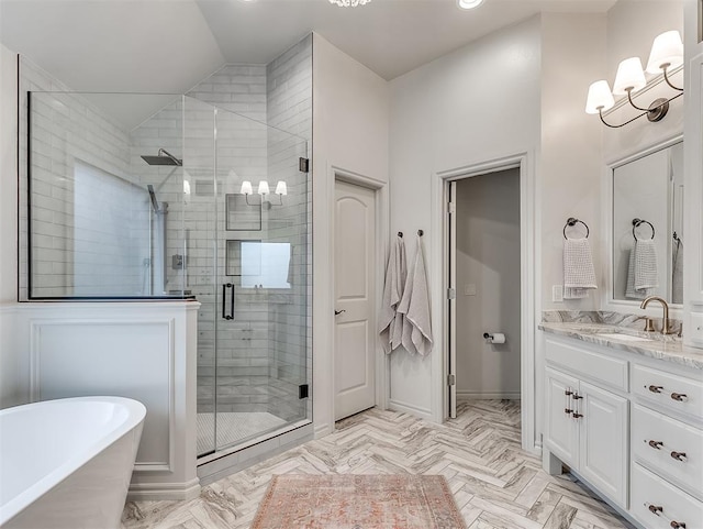 bathroom with vanity, a notable chandelier, parquet floors, vaulted ceiling, and independent shower and bath