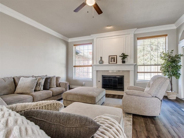 living room featuring a ceiling fan, a tiled fireplace, ornamental molding, and wood finished floors