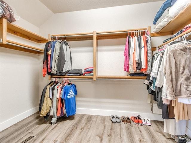 walk in closet with vaulted ceiling and wood finished floors