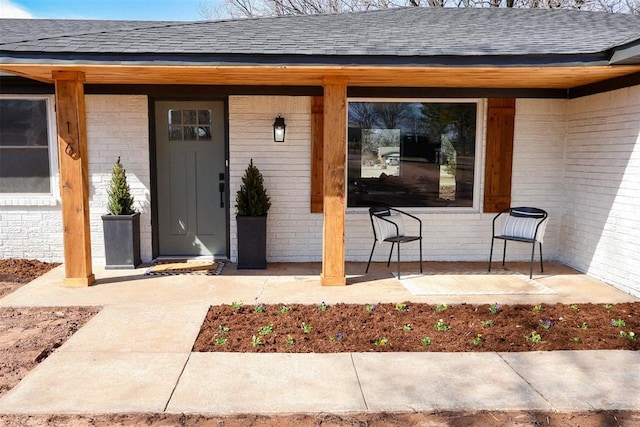 doorway to property with brick siding and roof with shingles