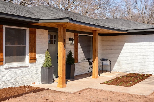 view of exterior entry with brick siding, a patio, and roof with shingles