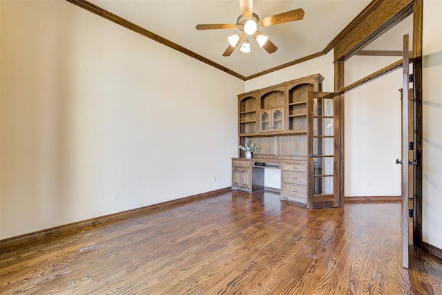 unfurnished living room with ornamental molding, dark hardwood / wood-style floors, and ceiling fan