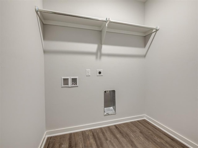 13136 Mannington Rd, Edmond, OK 73025 - laundry area featuring electric dryer hookup, washer hookup, dark wood-style flooring, and baseboards