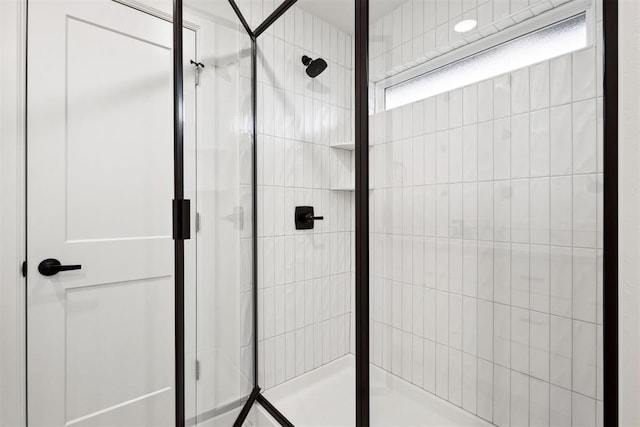 bathroom featuring a shower with door