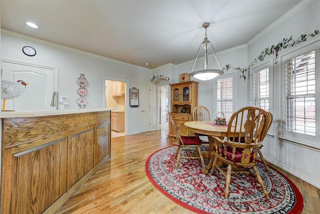 dining room with crown molding, sink, and light hardwood / wood-style flooring