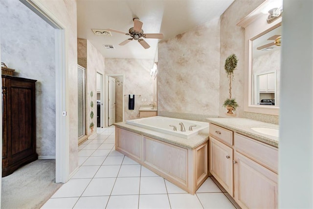 bathroom featuring vanity, tile patterned floors, plus walk in shower, and ceiling fan