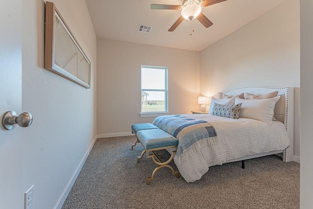 bedroom with a ceiling fan, carpet, visible vents, and baseboards