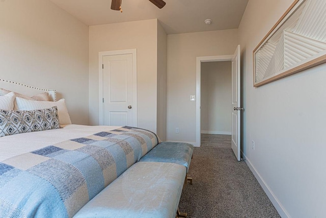 bedroom with carpet floors, ceiling fan, and baseboards