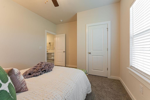 bedroom featuring carpet flooring, ceiling fan, and baseboards