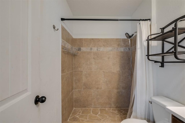 bathroom with vanity, toilet, and a shower with shower curtain