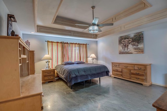 bedroom with a tray ceiling, ornamental molding, concrete floors, and ceiling fan