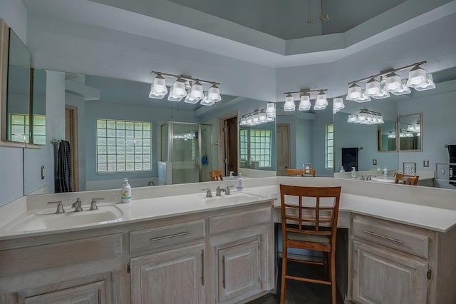 bathroom with vanity and a shower with shower door