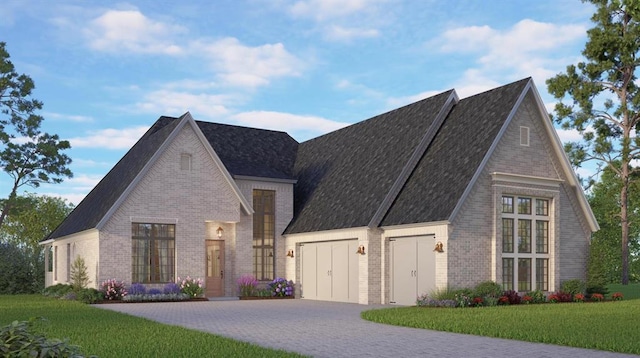 view of front of house featuring brick siding, a front lawn, an attached garage, and decorative driveway