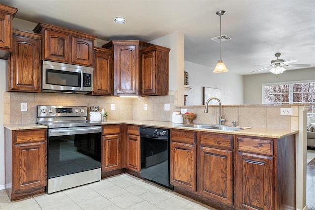 kitchen with sink, backsplash, hanging light fixtures, kitchen peninsula, and stainless steel appliances