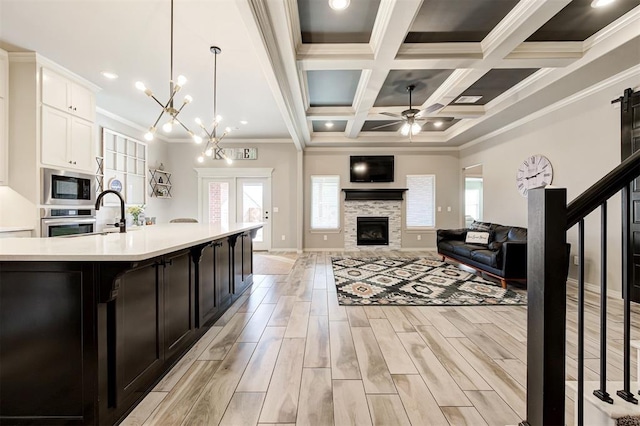 kitchen featuring wood finish floors, stainless steel appliances, light countertops, ceiling fan with notable chandelier, and a wealth of natural light