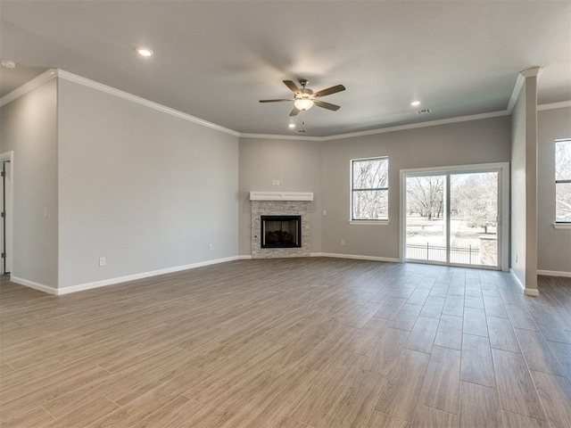 817 Carrie Ct, Purcell, OK 73080 - unfurnished living room with ornamental molding, wood finished floors, baseboards, and ceiling fan