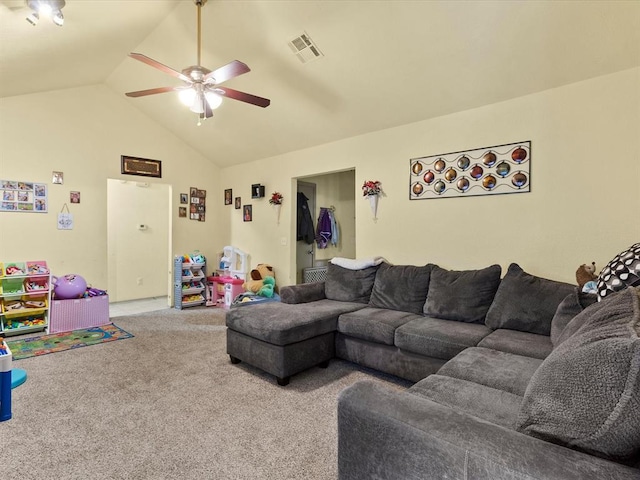 living room with ceiling fan, high vaulted ceiling, and carpet floors