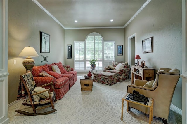 living room featuring light carpet and crown molding