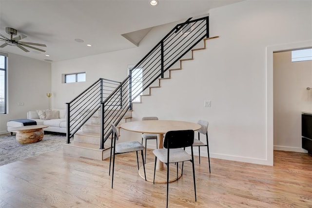 841 NW 6th St, Oklahoma City, OK 73106 - dining space featuring stairs, light wood-style flooring, ceiling fan, baseboards, and recessed lighting