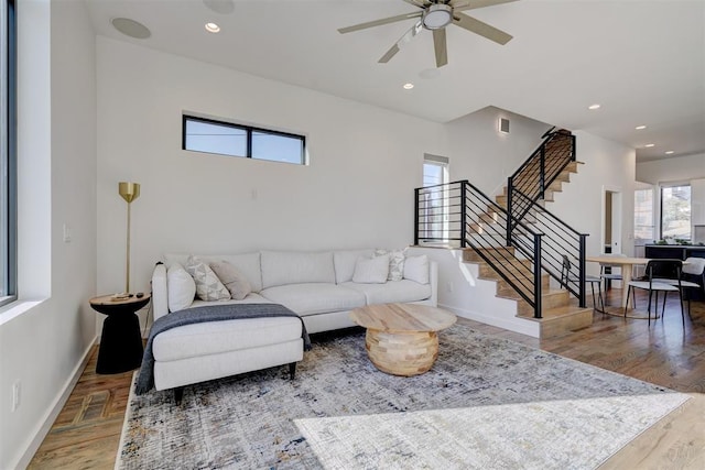 841 NW 6th St, Oklahoma City, OK 73106 - living area featuring stairway, baseboards, ceiling fan, wood finished floors, and recessed lighting