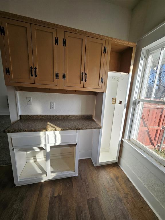 kitchen with plenty of natural light and dark hardwood / wood-style floors