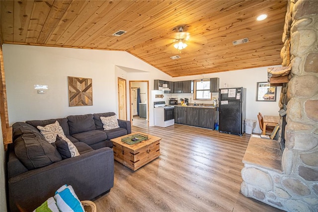 living room featuring lofted ceiling, sink, ceiling fan, wood ceiling, and light hardwood / wood-style floors