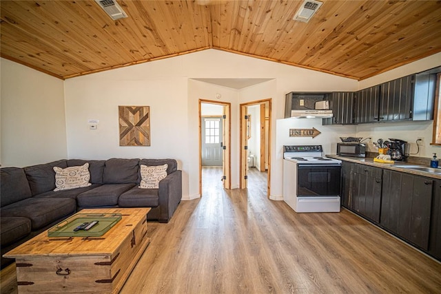 kitchen with white electric stove, vaulted ceiling, light hardwood / wood-style flooring, and wooden ceiling